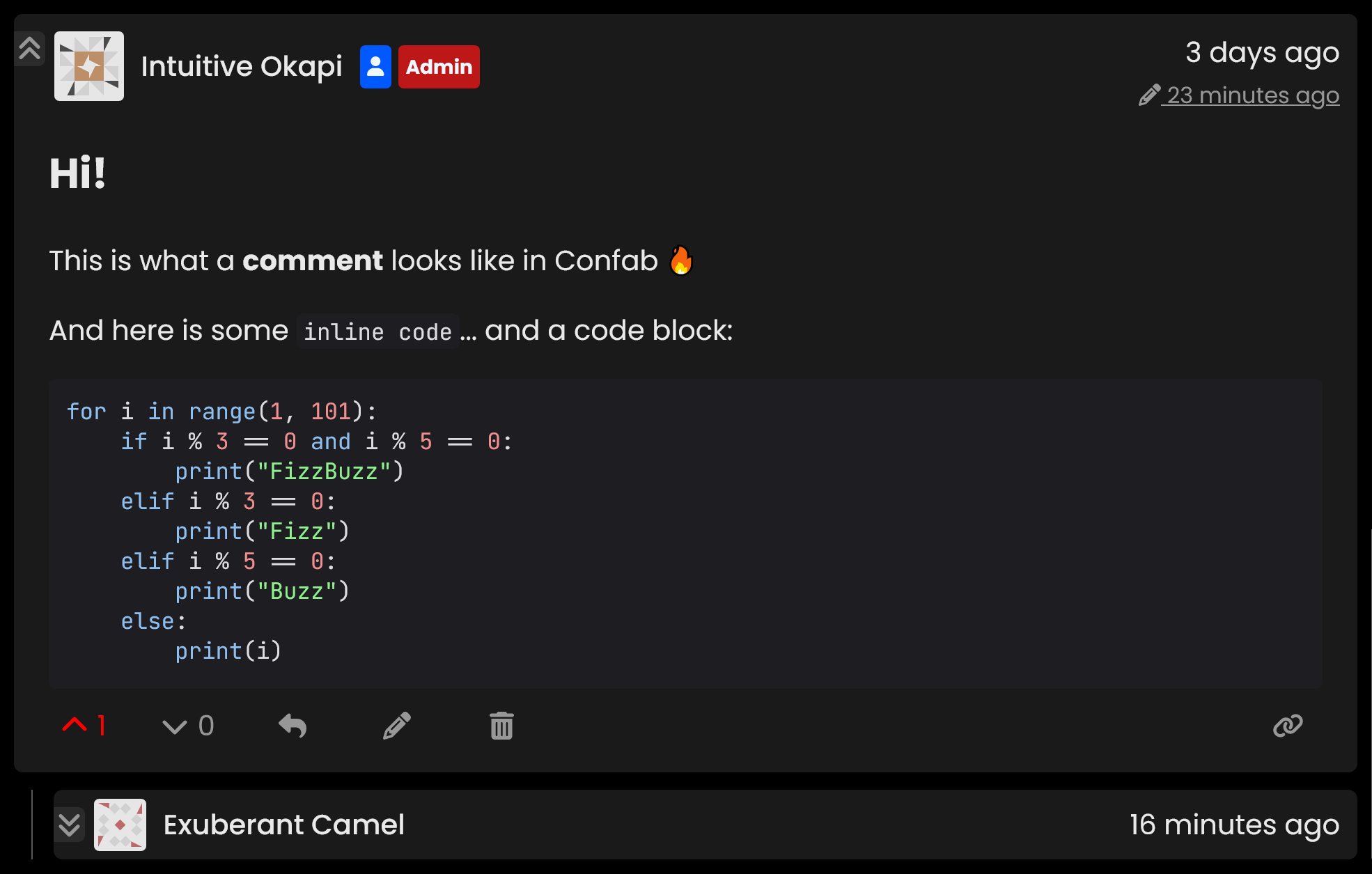 Dark mode showcase image of a Confab comment chain