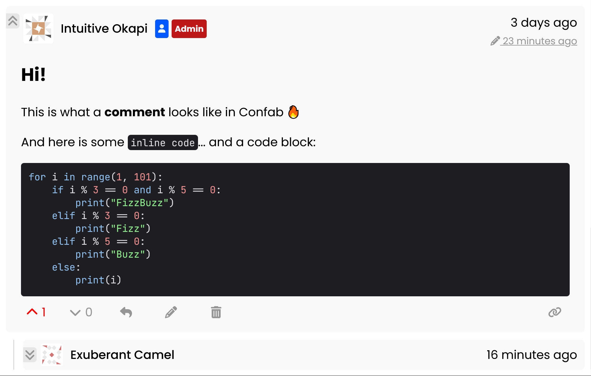 Light mode showcase image of a Confab comment chain